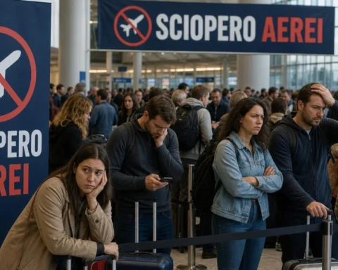Terminal aeroportuale affollato con passeggeri e cartelli SCIOPERO AEREI