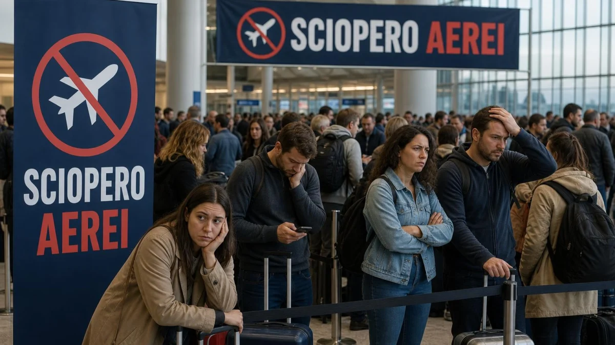 Terminal aeroportuale affollato con passeggeri e cartelli SCIOPERO AEREI