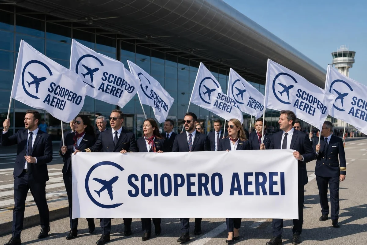 Personale navigante in protesta con bandiere e striscioni SCIOPERO AEREI davanti aeroporto