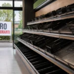 Scaffali vuoti di frutta e verdura in un supermercato a Napoli durante la protesta caro carburanti