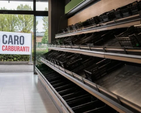 Scaffali vuoti di frutta e verdura in un supermercato a Napoli durante la protesta caro carburanti