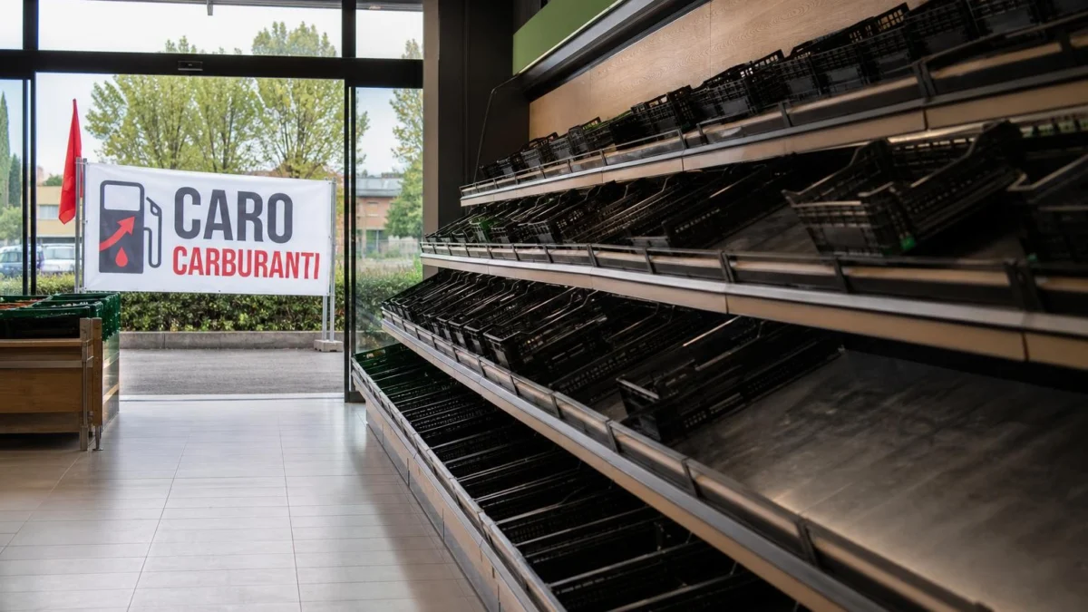 Scaffali vuoti di frutta e verdura in un supermercato a Napoli durante la protesta caro carburanti
