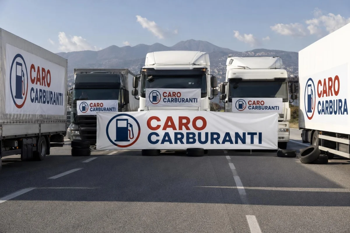 Blocchi stradali a nord di Napoli con camion fermi e cartelli della protesta caro carburanti
