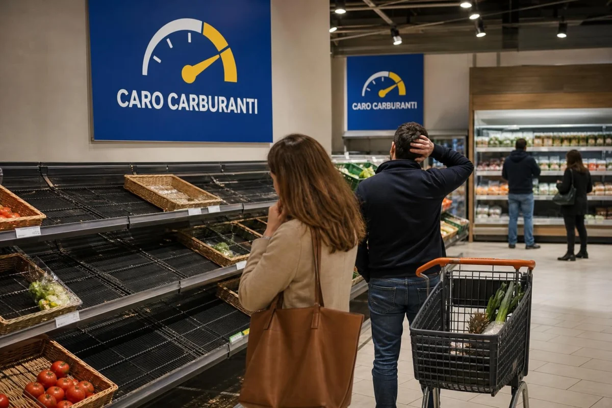 Clienti osservano scaffali quasi vuoti nel reparto frutta e verdura di un supermercato con cartelli della protesta caro carburanti