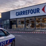 Esterno del supermercato CARREFOUR a Milano con vetrine rotte e presenza della polizia
