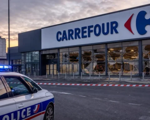 Esterno del supermercato CARREFOUR a Milano con vetrine rotte e presenza della polizia