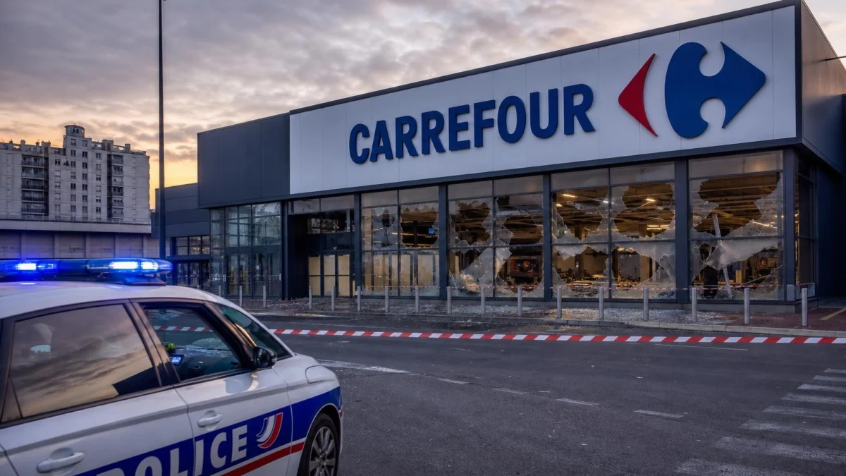 Esterno del supermercato CARREFOUR a Milano con vetrine rotte e presenza della polizia