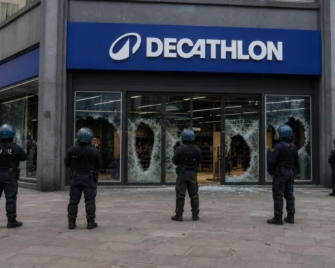 Vetrine distrutte del negozio Decathlon in piazza Cairoli durante gli scontri a Milano