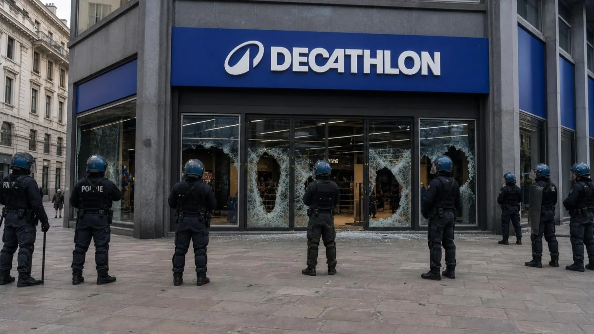 Vetrine distrutte del negozio Decathlon in piazza Cairoli durante gli scontri a Milano