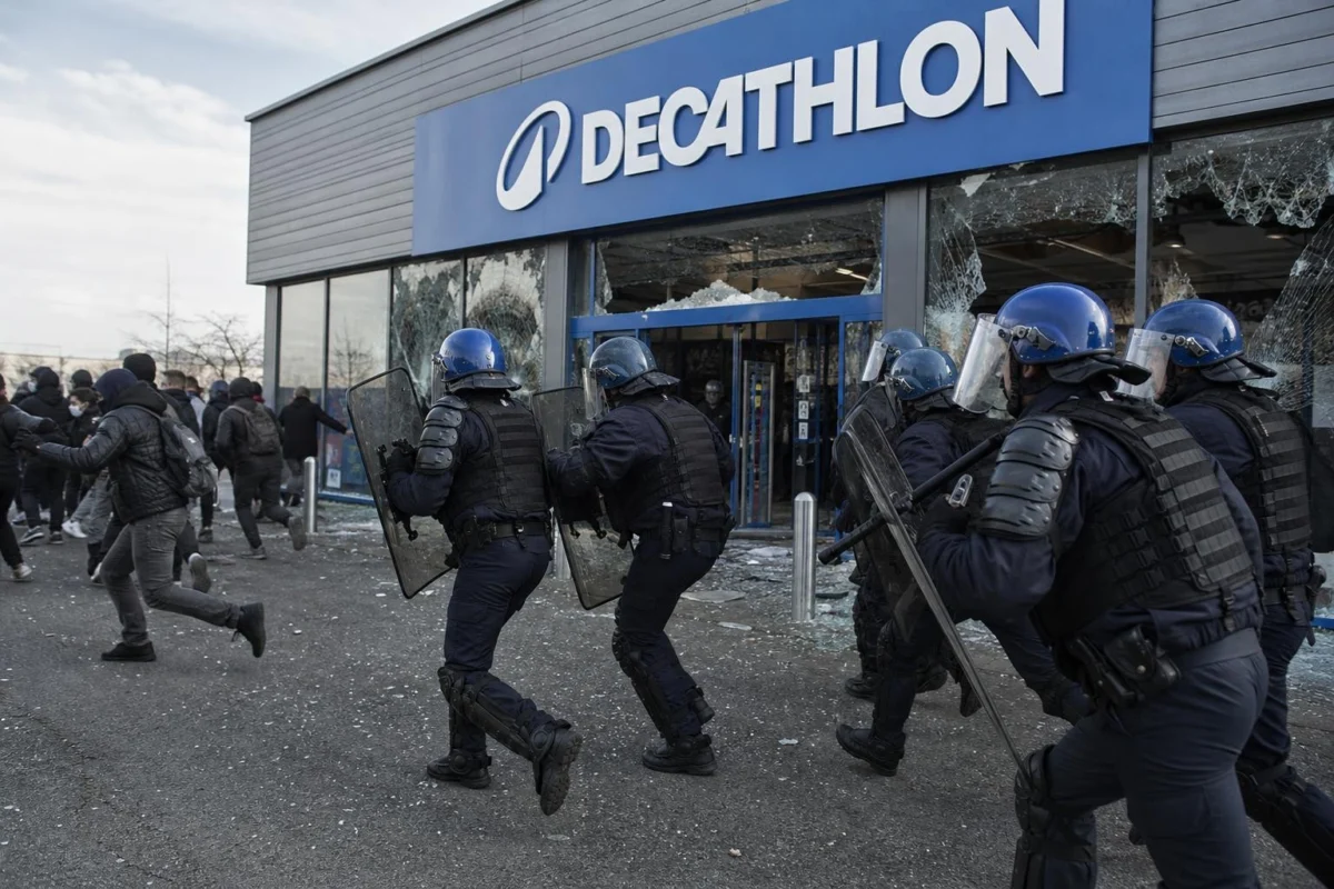 Agenti antisommossa della polizia dispersi vicino al Decathlon devastato in piazza Cairoli