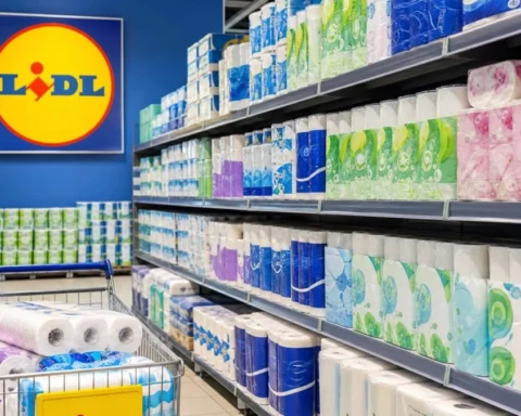 Scaffale di supermercato con prodotti marca Lidl e fazzoletti di carta