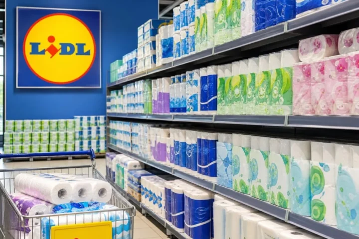 Scaffale di supermercato con prodotti marca Lidl e fazzoletti di carta