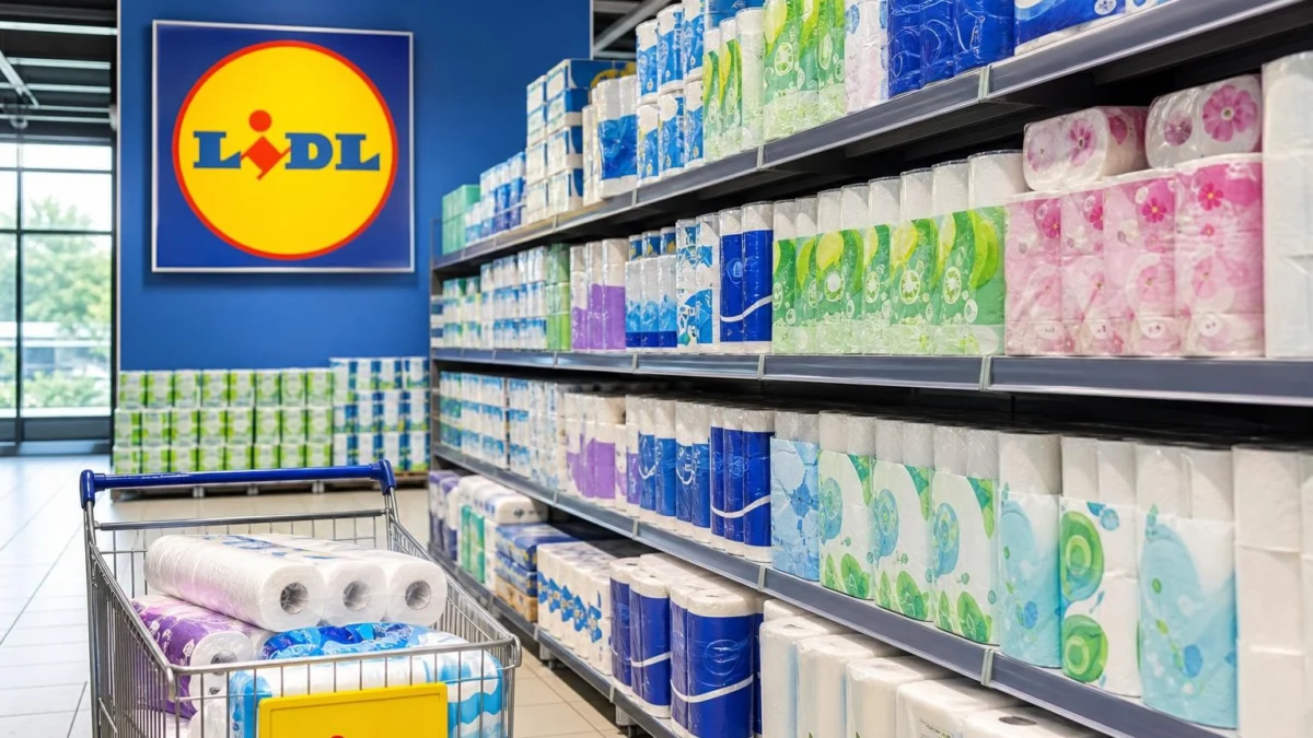 Scaffale di supermercato con prodotti marca Lidl e fazzoletti di carta