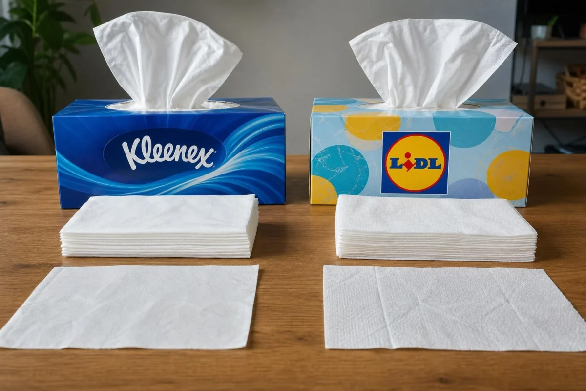 Confronto di confezioni di fazzoletti di carta Lidl e Kleenex su un tavolo